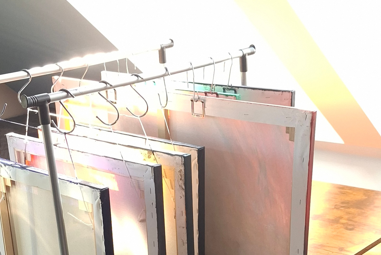 Original abstract oil painting on a studio stand